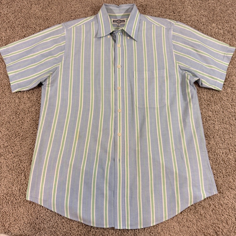 Gulf Traders Button Down Shirt Mens Medium Blue Green Striped Good Short Sleeve